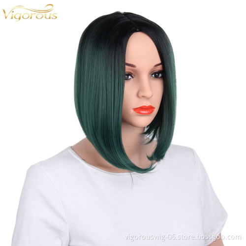 Heat resistant high quality wholesale premium vendor ombre blue short straight wavy hair synthetic wig lace front black women